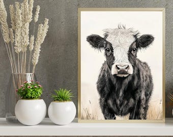 Fluffy Cow Watercolor Print – Black & White Highland Calf Farm Animal Art in 12x18, 20x30, and 24x36 Inches 300 DPI