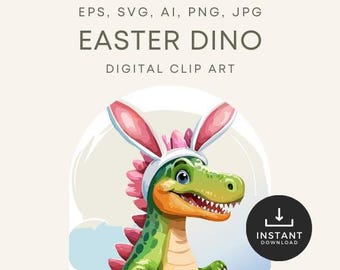 May include: A green dinosaur wearing pink bunny ears with a white headband. The dinosaur is smiling and has a pink and white spiky back. The background is a light blue and white cloudy sky.