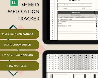 Puede incluir: Una captura de pantalla de una plantilla de hoja de cálculo de Google Sheets para el seguimiento de la medicación. La plantilla incluye una vista de calendario para registrar la adherencia diaria a la medicación, una lista de medicamentos y un gráfico de barras para visualizar la adherencia a la medicación a lo largo del tiempo. El texto "GOOGLE SHEETS MEDICATION TRACKER" se muestra en la parte superior de la hoja de cálculo.