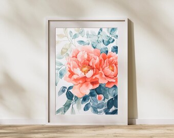 Southern Bloom No.1 – Coral Peony Watercolor Print, Modern Floral Wall Art in 12x18, 20x30, and 24x36 Inches