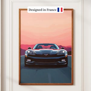 Affiche Sunset Drive – Chevrolet Corvette C6 | poster voiture américaine, déco murale sport auto, cadeau passionné automobile