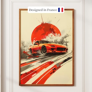 Affiche Soleil Rouge – Mazda RX-7 | poster voiture japonaise, déco murale JDM, cadeau passion automobile
