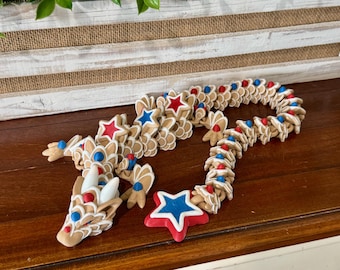 Articulated Patriotic Cookie Dragon – 3D Printed 4th of July Decor, Fidget Toy, Dragon Gift