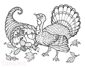Thanksgiving Turkey And Cornucopia 12 Coloring Postcards A Dozen Fall Harvest Cards You Can Color Illustration By Rose Tursi Of Tursiart