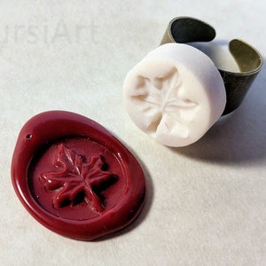 Maple Leaf Wax Seal Signet Ring handmade using vitrified porcelain in silver tone or antique bronze finish with sealing wax adjustable size