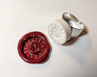 Sun & Moon Celestial Wax Seal Signet Ring handmade using vitrified porcelain in silver tone or antique bronze w sealing wax adjustable size