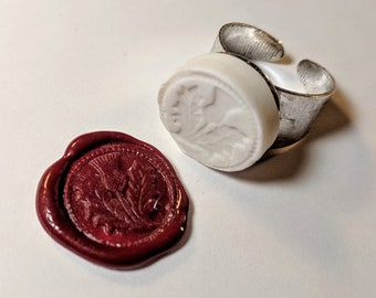 Scotch Thistle Wax Seal Signet Ring handmade using vitrified porcelain in silver tone or antique bronze with sealing wax adjustable size