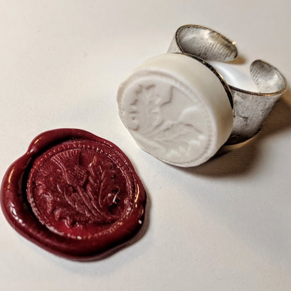 Scotch Thistle Wax Seal Signet Ring handmade using vitrified porcelain in silver tone or antique bronze with sealing wax adjustable size