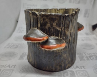 Medium Tree Stump pottery Douglas Fir with Red Belted Conk Pacific Northwest conifer and polypore bracket fungi. Nature gift handsculpted