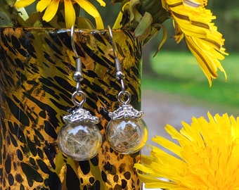 Dandelion Seed Earrings Wishes in a Bauble Flower Seeds in Glass Sphere dangle drop earrings Gift for Girlfriend or Mother's Day Cottagecore