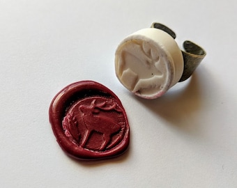 Deer Stag Wax Seal Signet Ring handmade of vitrified porcelain in silver tone or antique bronze with sealing wax adjustable Ring