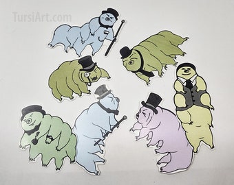 Tardigrades in Top Hats 7 sticker set. Weatherproof and dishwasher safe. Vinyl Stickers. Dapper Water Bears, Micro Moss Piglets by TursiArt