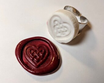 Celtic Heart Wax Seal Signet Ring handmade using vitrified porcelain in silver tone or antique bronze with sealing wax adjustable size