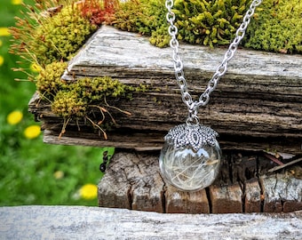 Dandelion Seed Pendant Wish Bauble Flower Seeds in Glass Sphere Chain Necklace Gift for Girlfriend or Mother's Day Cottagecore by TursiArt