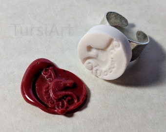 Unicorn In Profile Wax Seal Signet Ring handmade vitrified porcelain in silver tone or antique bronze finish w sealing wax adjustable