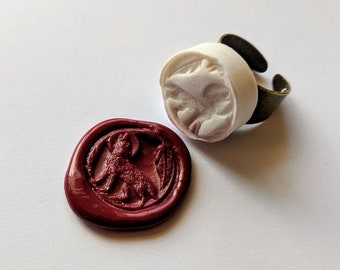 Wolf Howling at Full Moon Wax Seal Signet Ring handmade of vitrified porcelain in silver tone or antique bronze with sealing wax adjustable