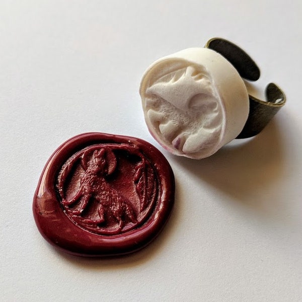 Wolf Howling at Full Moon Wax Seal Signet Ring handmade of vitrified porcelain in silver tone or antique bronze with sealing wax adjustable