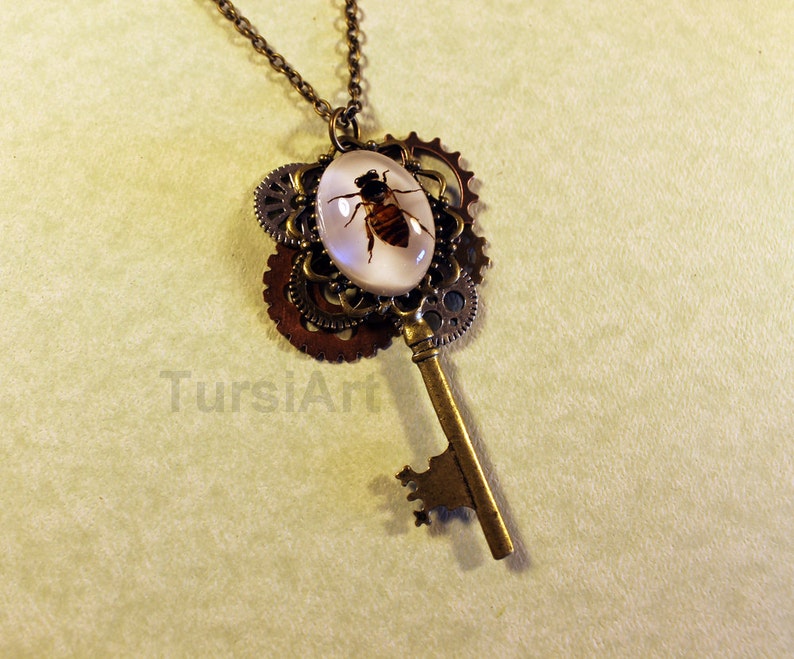 Steampunk Bee Key Pendant Real Honey Bee in Resin Clockwork Gears /& Brass Key on Chain Necklace Real Bug Insect Taxidermy Jewelry TursiArt