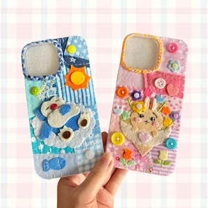 Capa de celular artesanal em patchwork com ursinho de pelúcia | Tecido de feltro kawaii