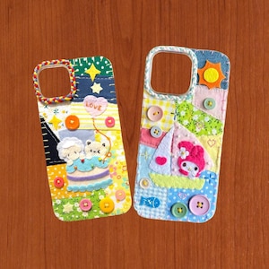 Capa de celular feita à mão em feltro e patchwork: Kawaii My Melody, Gato e Ovelha