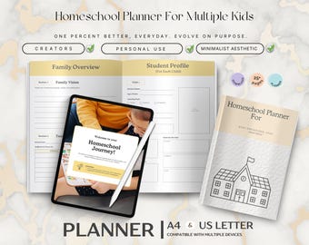 Thuisonderwijsplanner voor meerdere kinderen: wekelijks lesplan en aanwezigheidsregistratie (digitale download)