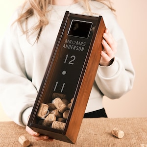 Personalized Wooden Wine Bottle Box & Cork Holder – Custom Laser Engraved Gift for Weddings, Anniversaries, Rustic Decor, Wine Enthusiasts