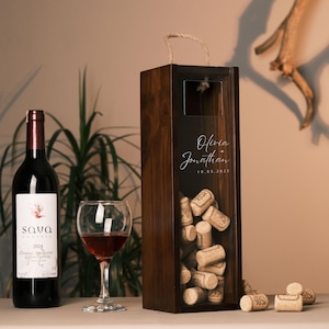Custom Engagement Wine Bottle Box, Engagement Gift, Present Personalised Engaged Champagne Cork Collector, Engraved Wooden Box