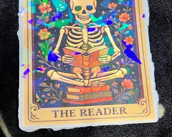 Holographic Tarot Sticker: Bookish Reader Skeleton Vinyl