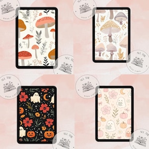 May include: Four digital tablet screens displaying whimsical designs. One features mushrooms in orange, red, and brown. Another shows beige and brown mushrooms. The third has a black background with flowers, ghosts, and pumpkins. The last has a light pink background with ghosts, pumpkins, and flowers.
