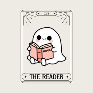 Leuke spooktarotkaartprint – 'The Reader' | Boekachtige digitale download | Gezellige kawaii-muurkunst voor lezers, boekenliefhebbers en tarotfans