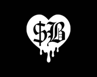 Puede incluir: Un gráfico blanco en forma de corazón con un efecto de goteo. El corazón contiene el texto "$B" en una fuente estilizada.