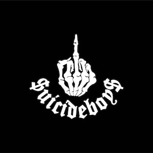 May include: A black and white graphic design featuring a skeleton hand giving the middle finger with the text "Suicideboys" in a gothic font.