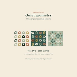 May include: Three seamless digital patterns titled Quiet geometry by KINDREDFOLDSTUDIO. The designs feature arches, horizontal ovals, and floral shapes in muted green, terracotta, and cream. Includes True SVG, 3600 px PNG, 12-inch tiles, 300 PPI, and PDFs.