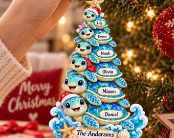 Personalized Sea Turtle Family Ornament, Custom Name Christmas Gift for Family, Ocean Lover Holiday Keepsake, Beach Tree Decor