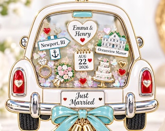 Personalized Just Married Ornament, Custom Wedding Car Keepsake, Couple Names Date & Venue, Newlywed Christmas Gift