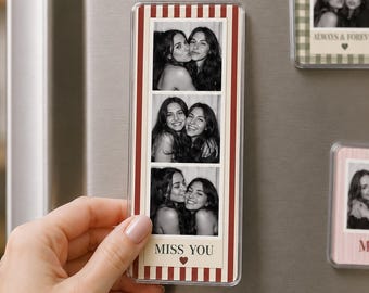 May include: A rectangular photo booth style magnet featuring three stacked black and white portraits of two individuals. The border has vertical red and white stripes, and the bottom section contains the text MISS YOU with a small heart icon.