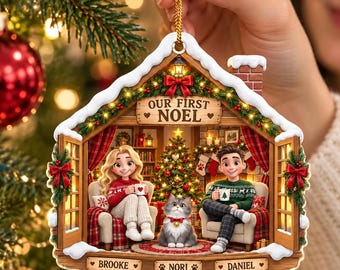 Personalized Couple Pet Christmas Ornament, Custom Name First Christmas Keepsake, Gift for Couples, Cat Mom Dad Holiday Decor