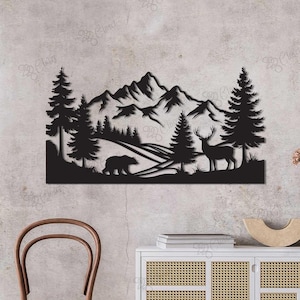 Decorazione murale in metallo raffigurante una foresta di montagna, scena di fauna selvatica in metallo, cervo e orso, decorazione murale con tema natura selvaggia