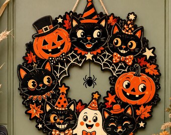 Personalized Halloween Cat Wreath, Custom Black Cat Door Hanger, Cute Ghost Pumpkin Fall Decor, Spooky Front Door Halloween Gift
