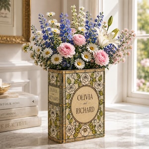 Custom Couple Initials Book Vase, Personalized Wedding Flower Vase, Pearl Floral Ceramic Decor, Anniversary Gift