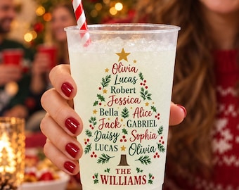 Personalized Family Christmas Cup, Custom Name Tumbler, Family Reunion Gift, Christmas Tree Names Cup, Holiday Party Drinkware