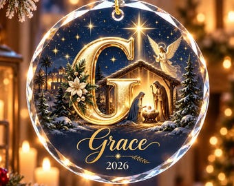 Personalized Nativity Ornament, Custom Initial Name Christian Christmas Gift, Religious Keepsake, Faith Tree Decor