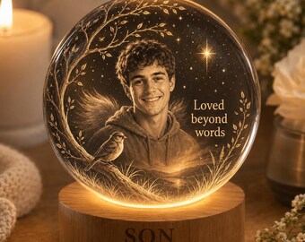 Personalized Memorial Crystal Ball Light, Custom Photo Remembrance Lamp, Sympathy Gift for Loss of Son, Bereavement Keepsake Decor