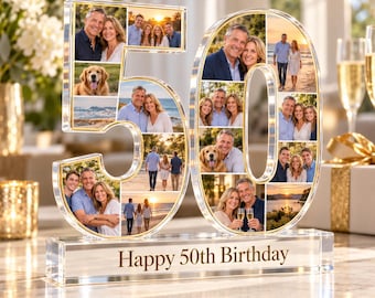Personalized 50th Birthday Photo Collage Keepsake, Custom Family Picture Gift, Milestone Birthday Gift for Mom Dad, Table Decor