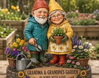 Personalized Couple Garden Gnome Figurine, Custom Anniversary Gift for Grandparents, Succulent Lover Keepsake, Wedding Gift for Couple