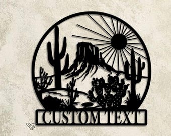 Personalized Desert Scene Metal Sign with Cactus, Custom Name Wall Art, Mountain Decor, Southwestern Home Sign,Desert Gift,Cactus Home Decor