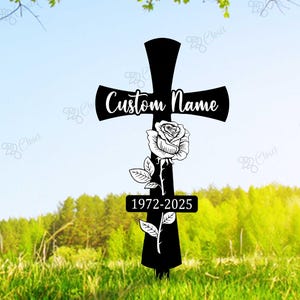 Personalized Cross With Rose Flowers Metal Yard Stake, Custom Cross Grave Marker Metal Garden Stake, Memorial Cross Metal Garden Sign,