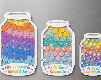 May include: Three white jar-shaped magnets with percentage markers. The first jar contains orange, pink, purple, and blue stars labeled Mrs. Johnson's Reward Jar. The second has yellow, teal, and pink smiley faces labeled Mr. Williams' Reward Jar. The third has flower shapes labeled Ms. Davis' Reward Jar.