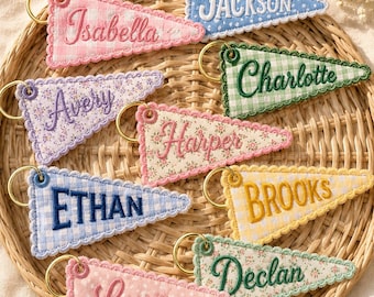Personalized Pennant Keychain, Custom Embroidered Name Keychain for Kids, Preppy Bag Charm, Backpack Tag, Teacher Gift