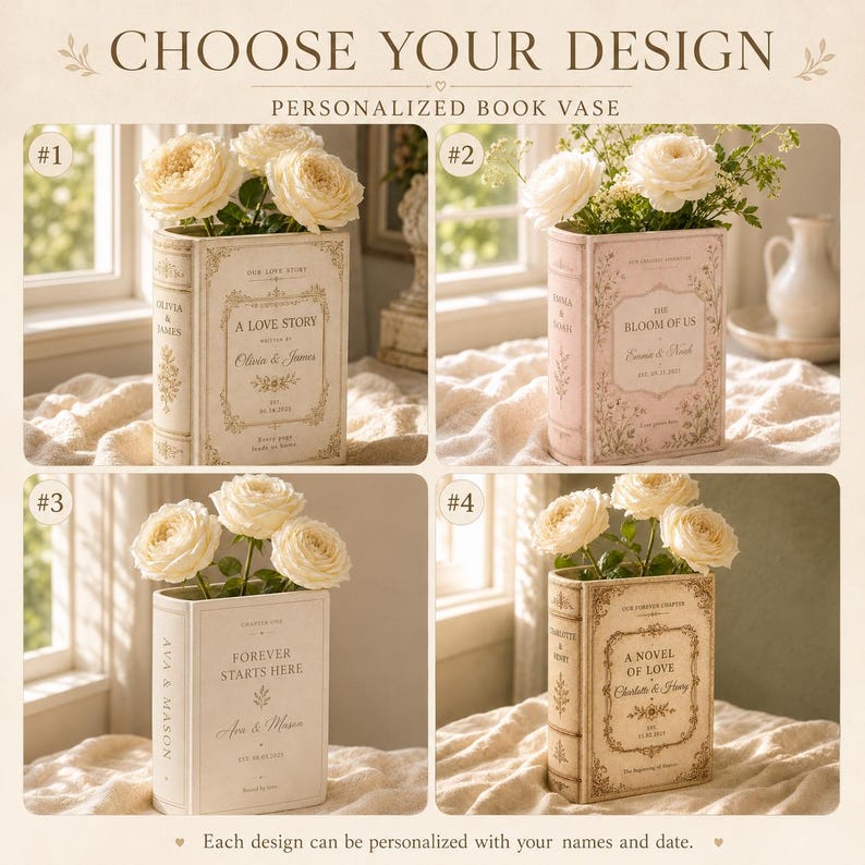 May include: Four rectangular book-shaped vases with personalized text and floral accents. Design 1 features 'A Love Story', design 2 'The Bloom of Us', design 3 'Forever Starts Here', and design 4 'A Novel of Love'. Each vase holds white flowers.